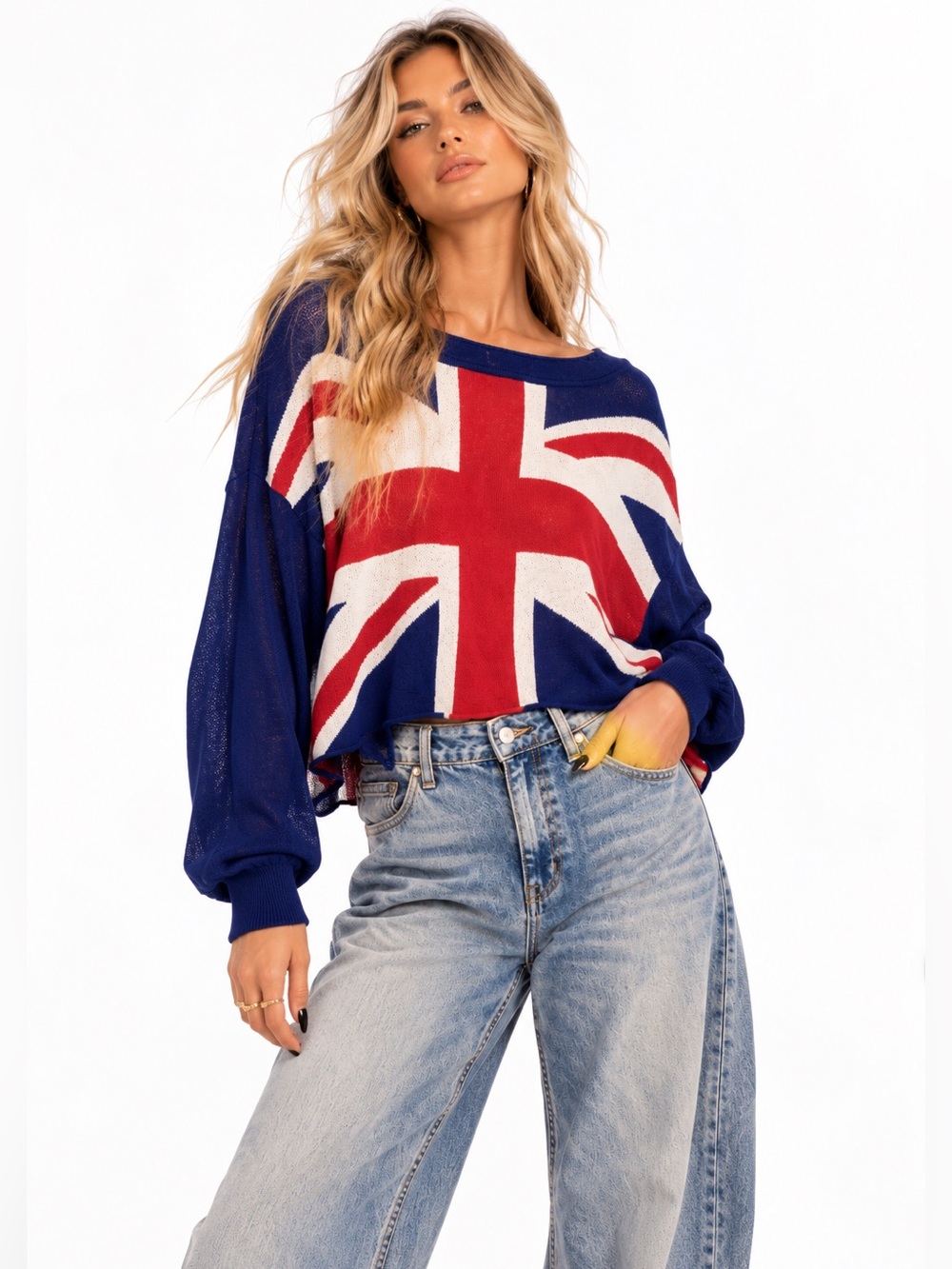 Edikted London Babe Union Jack Flag Sweater Navy Red White NWT S